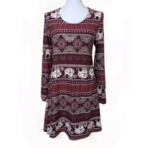 Rue21 Elephant Floral Mini Dress M Burgundy Boho Long Sleeve Stretch Cute